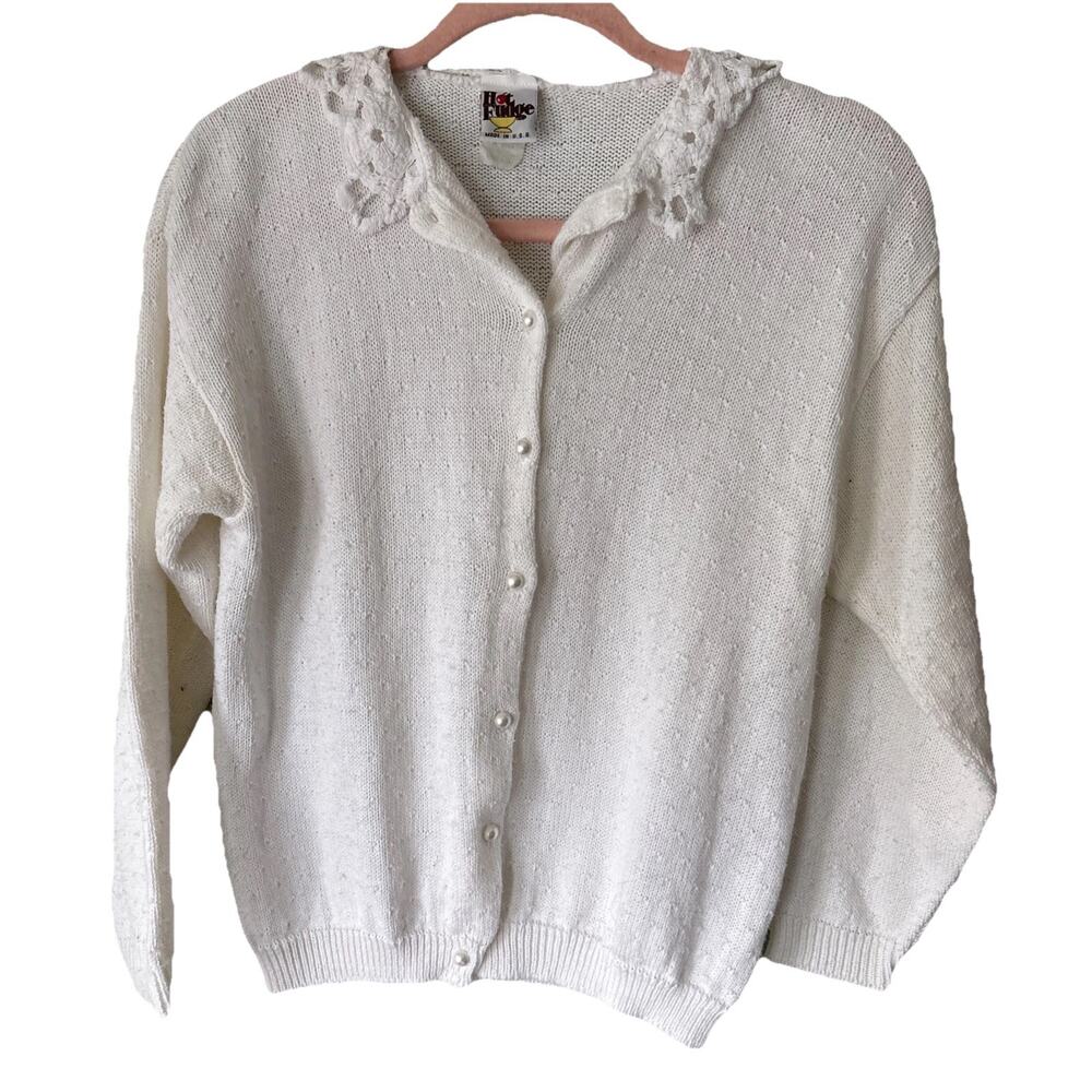Vintage Hot Fudge White Cotton Knit Cardigan Crochet Lace Peter Pan Collar Sz S